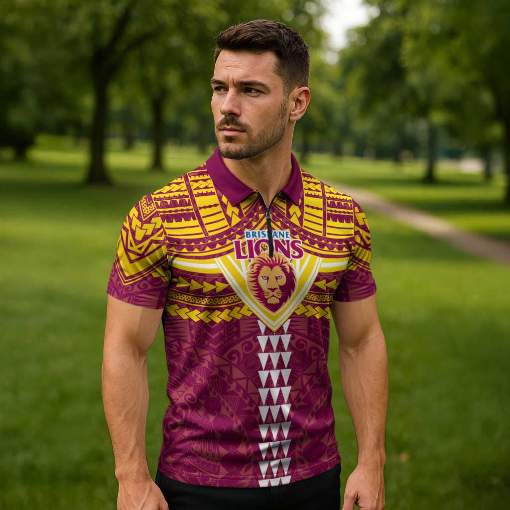 Personalized Brisbane Lions Zipper Polo Shirt Polynesian Tribal Pattern Heritage Football