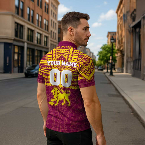 Personalized Brisbane Lions Zipper Polo Shirt Polynesian Tribal Pattern Heritage Football