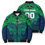 Personalized Canberra Raiders Bomber Puffer Jacket Polynesian Tribal Pattern Style