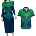 Personalized Canberra Raiders Couples Matching Long Sleeve Bodycon Dress and Hawaiian Shirt Polynesian Tribal Pattern Style