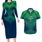 Personalized Canberra Raiders Couples Matching Long Sleeve Bodycon Dress and Hawaiian Shirt Polynesian Tribal Pattern Style