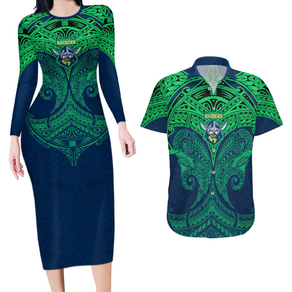 Personalized Canberra Raiders Couples Matching Long Sleeve Bodycon Dress and Hawaiian Shirt Polynesian Tribal Pattern Style