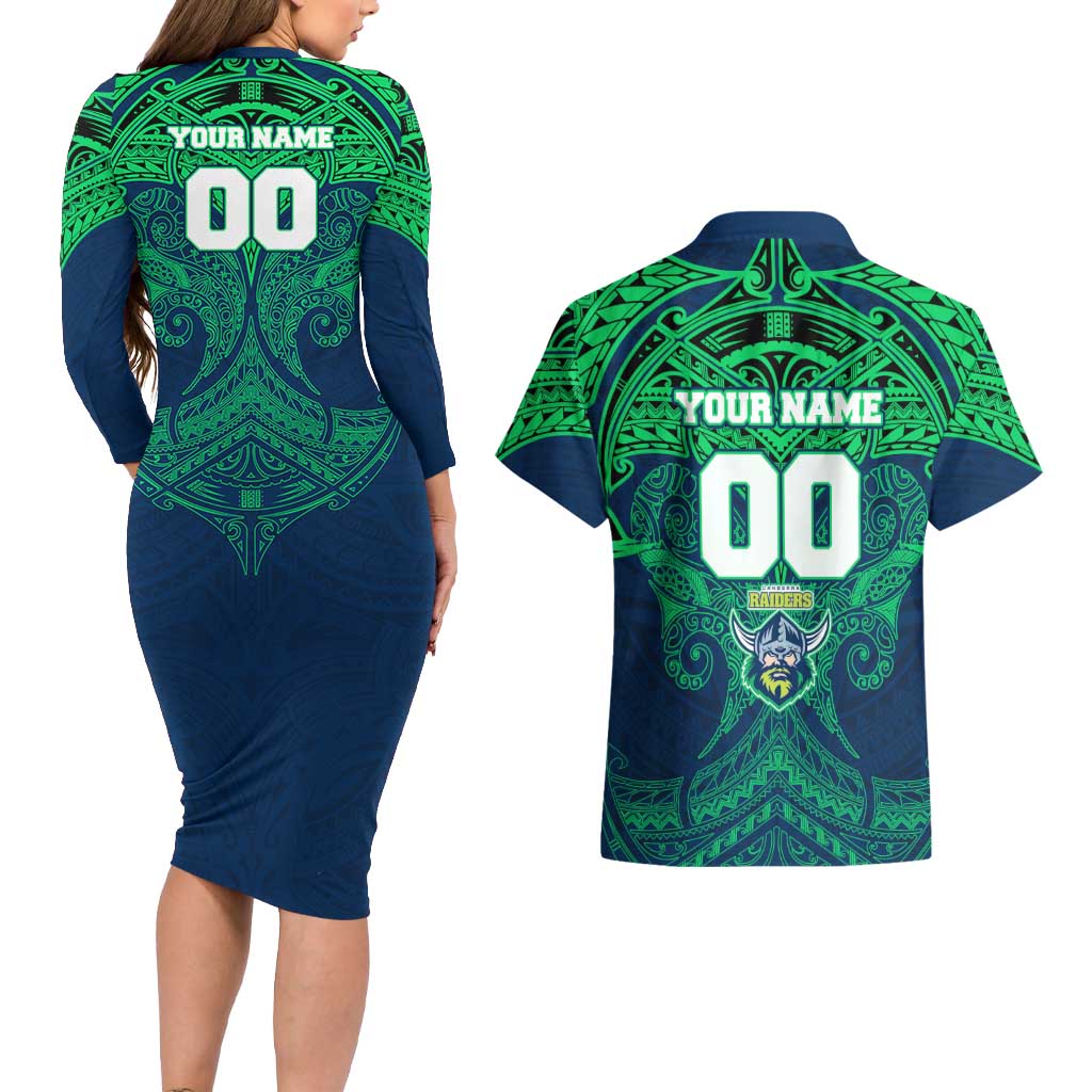 Personalized Canberra Raiders Couples Matching Long Sleeve Bodycon Dress and Hawaiian Shirt Polynesian Tribal Pattern Style