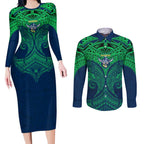 Personalized Canberra Raiders Couples Matching Long Sleeve Bodycon Dress and Long Sleeve Button Shirt Polynesian Tribal Pattern Style