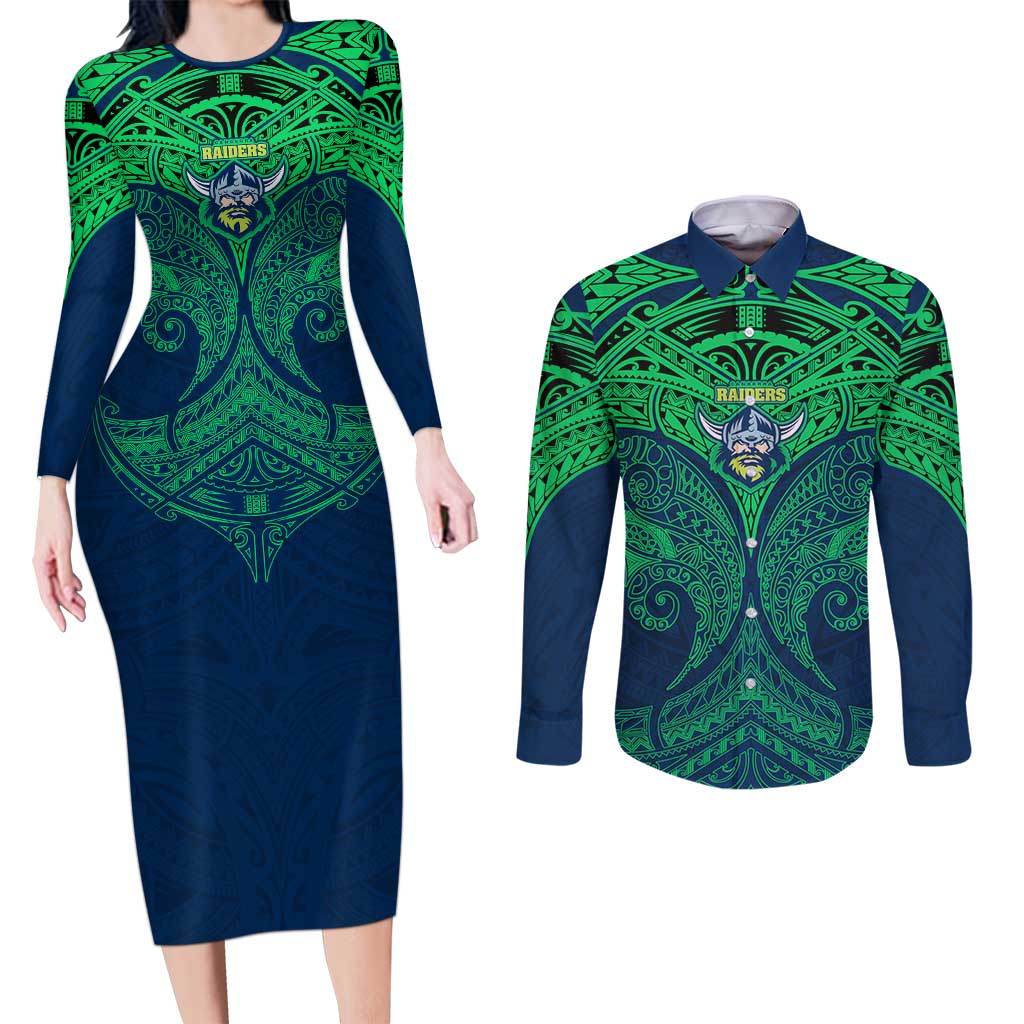 Personalized Canberra Raiders Couples Matching Long Sleeve Bodycon Dress and Long Sleeve Button Shirt Polynesian Tribal Pattern Style