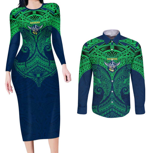Personalized Canberra Raiders Couples Matching Long Sleeve Bodycon Dress and Long Sleeve Button Shirt Polynesian Tribal Pattern Style