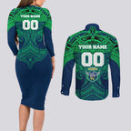 Personalized Canberra Raiders Couples Matching Long Sleeve Bodycon Dress and Long Sleeve Button Shirt Polynesian Tribal Pattern Style