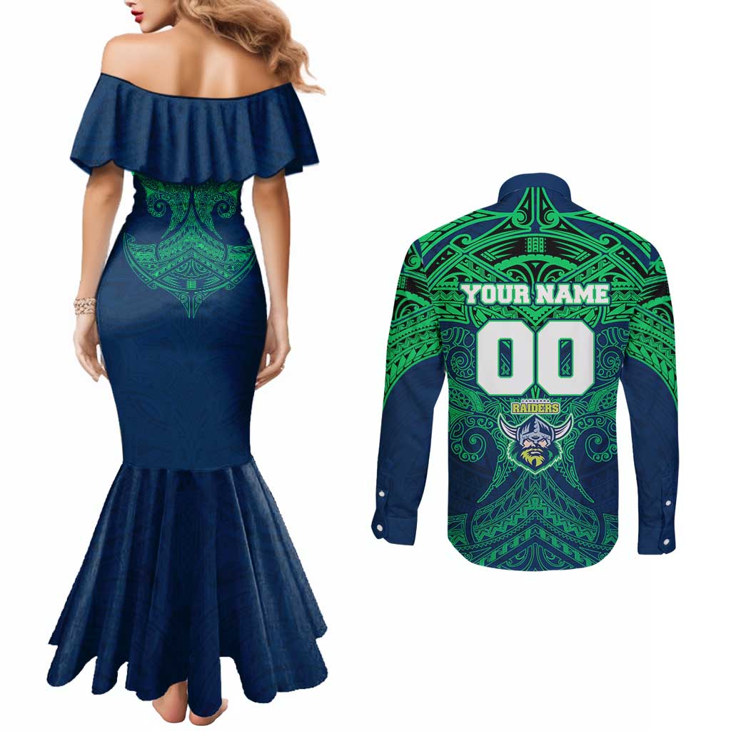 Personalized Canberra Raiders Couples Matching Mermaid Dress and Long Sleeve Button Shirt Polynesian Tribal Pattern Style