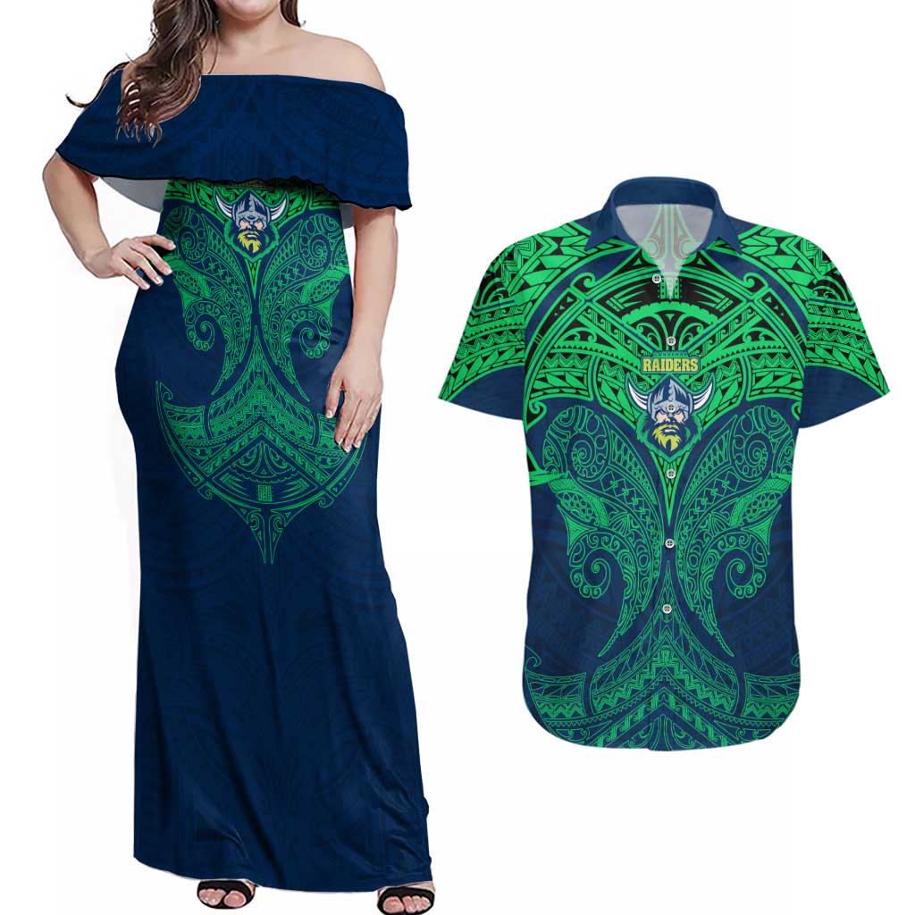 Personalized Canberra Raiders Couples Matching Off Shoulder Maxi Dress and Hawaiian Shirt Polynesian Tribal Pattern Style