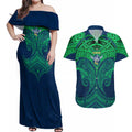 Personalized Canberra Raiders Couples Matching Off Shoulder Maxi Dress and Hawaiian Shirt Polynesian Tribal Pattern Style