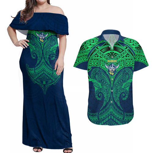 Personalized Canberra Raiders Couples Matching Off Shoulder Maxi Dress and Hawaiian Shirt Polynesian Tribal Pattern Style