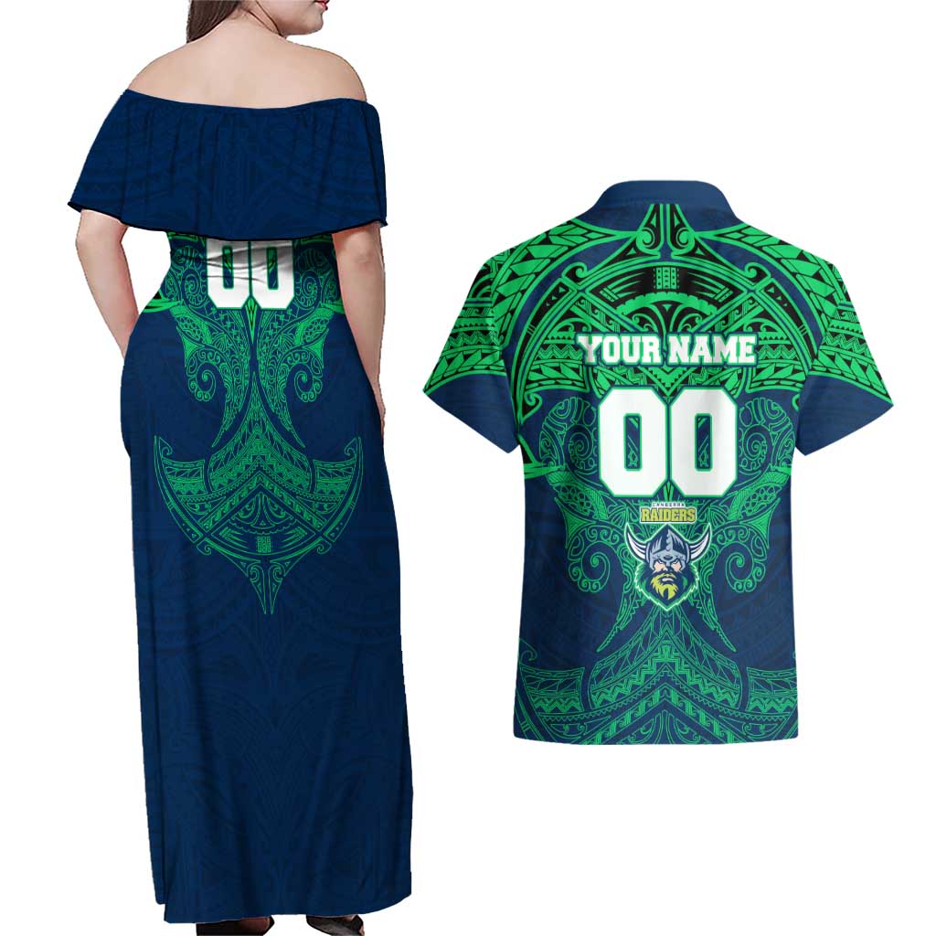 Personalized Canberra Raiders Couples Matching Off Shoulder Maxi Dress and Hawaiian Shirt Polynesian Tribal Pattern Style