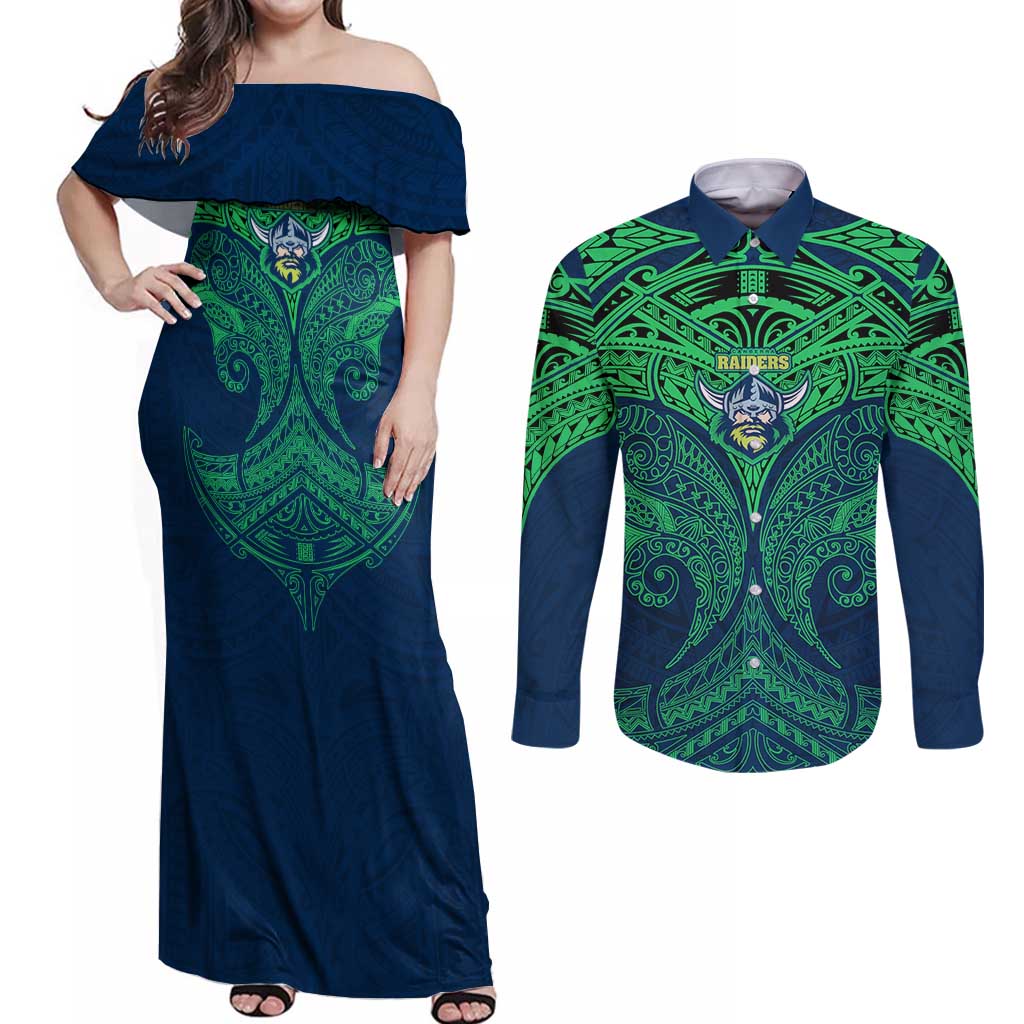 Personalized Canberra Raiders Couples Matching Off Shoulder Maxi Dress and Long Sleeve Button Shirt Polynesian Tribal Pattern Style