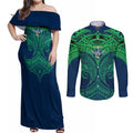 Personalized Canberra Raiders Couples Matching Off Shoulder Maxi Dress and Long Sleeve Button Shirt Polynesian Tribal Pattern Style