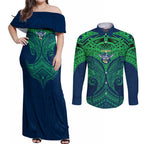 Personalized Canberra Raiders Couples Matching Off Shoulder Maxi Dress and Long Sleeve Button Shirt Polynesian Tribal Pattern Style