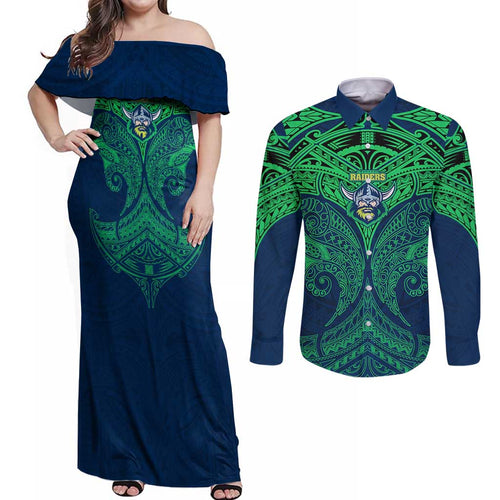 Personalized Canberra Raiders Couples Matching Off Shoulder Maxi Dress and Long Sleeve Button Shirt Polynesian Tribal Pattern Style