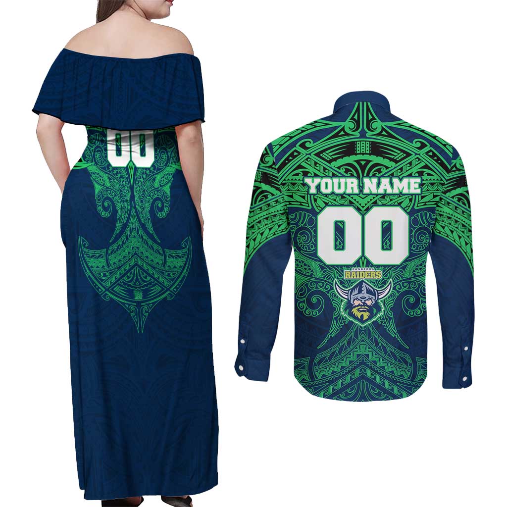 Personalized Canberra Raiders Couples Matching Off Shoulder Maxi Dress and Long Sleeve Button Shirt Polynesian Tribal Pattern Style