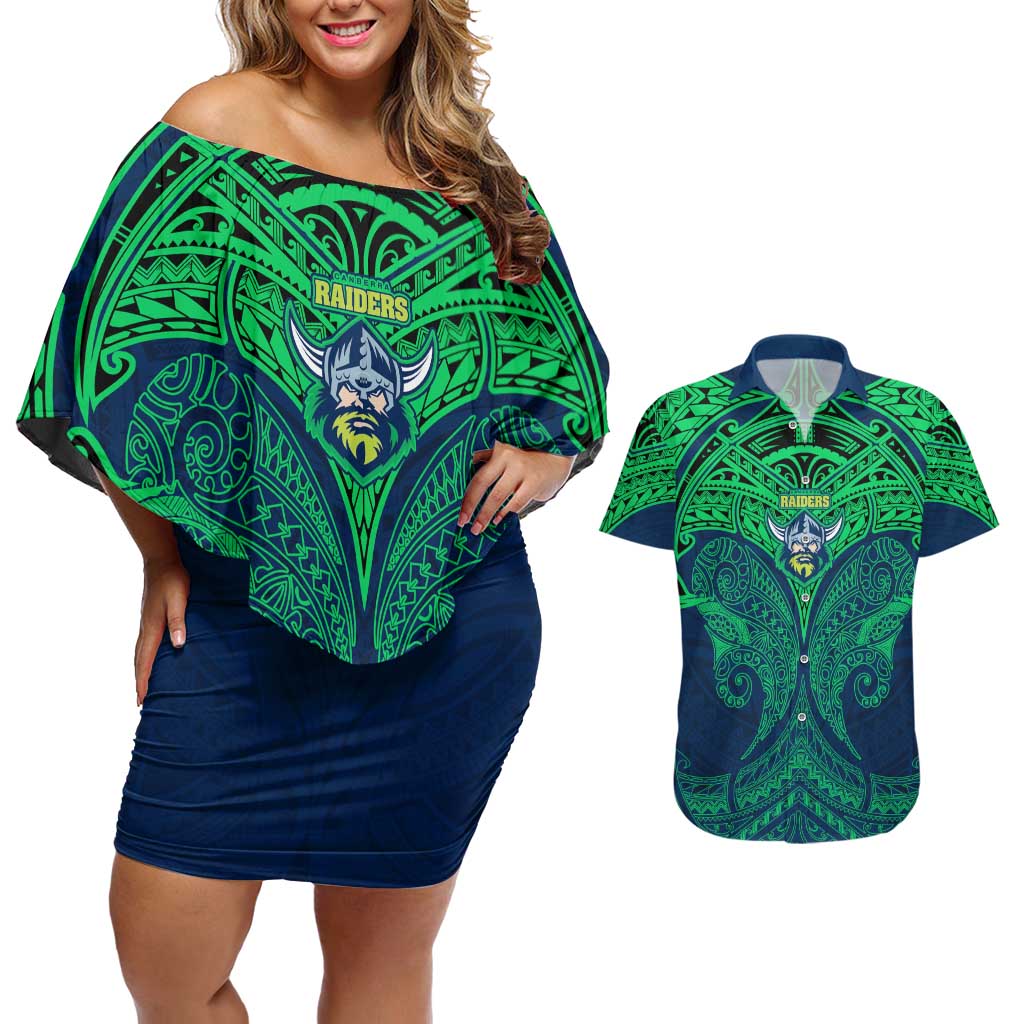 Personalized Canberra Raiders Couples Matching Off Shoulder Short Dress and Hawaiian Shirt Polynesian Tribal Pattern Style