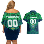 Personalized Canberra Raiders Couples Matching Off Shoulder Short Dress and Hawaiian Shirt Polynesian Tribal Pattern Style