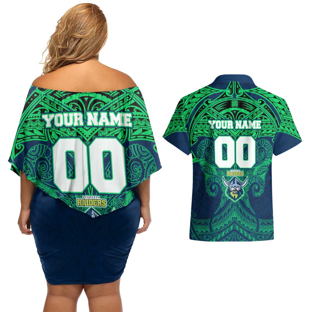 Personalized Canberra Raiders Couples Matching Off Shoulder Short Dress and Hawaiian Shirt Polynesian Tribal Pattern Style