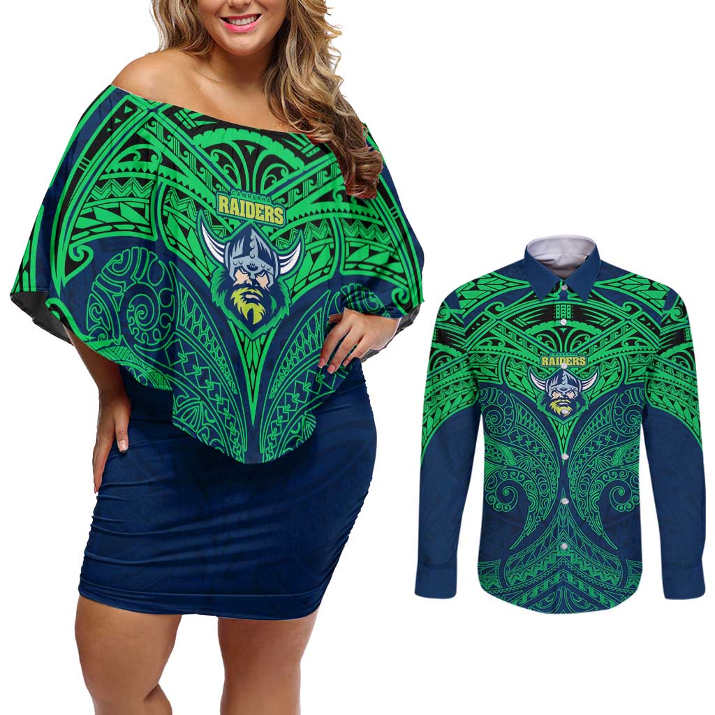 Personalized Canberra Raiders Couples Matching Off Shoulder Short Dress and Long Sleeve Button Shirt Polynesian Tribal Pattern Style