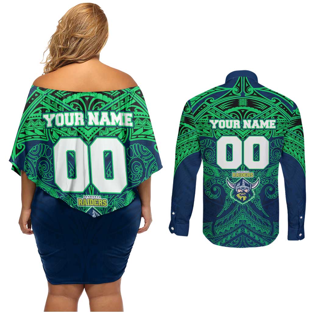 Personalized Canberra Raiders Couples Matching Off Shoulder Short Dress and Long Sleeve Button Shirt Polynesian Tribal Pattern Style