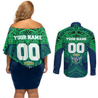 Personalized Canberra Raiders Couples Matching Off Shoulder Short Dress and Long Sleeve Button Shirt Polynesian Tribal Pattern Style