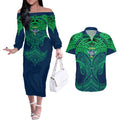 Personalized Canberra Raiders Couples Matching Off The Shoulder Long Sleeve Dress and Hawaiian Shirt Polynesian Tribal Pattern Style