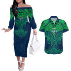 Personalized Canberra Raiders Couples Matching Off The Shoulder Long Sleeve Dress and Hawaiian Shirt Polynesian Tribal Pattern Style