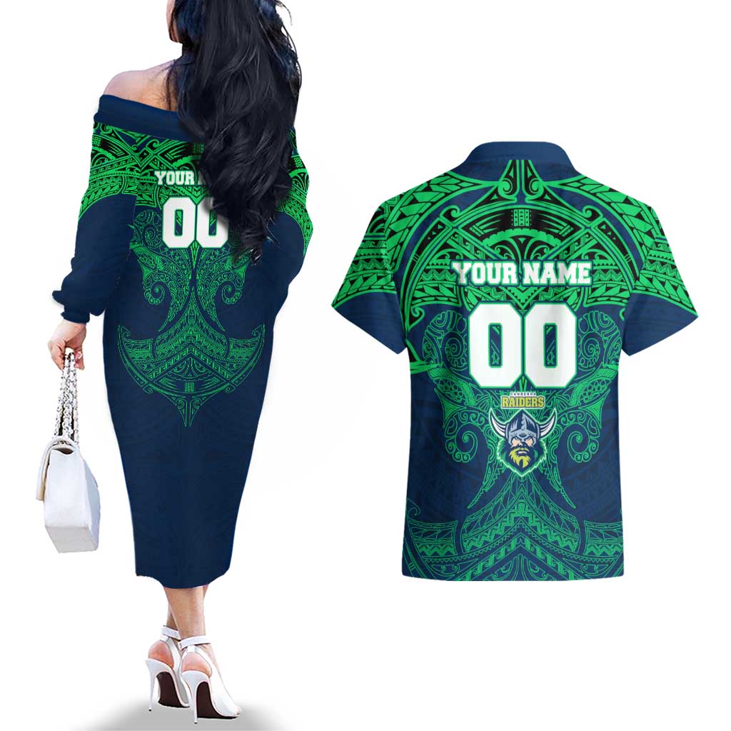 Personalized Canberra Raiders Couples Matching Off The Shoulder Long Sleeve Dress and Hawaiian Shirt Polynesian Tribal Pattern Style