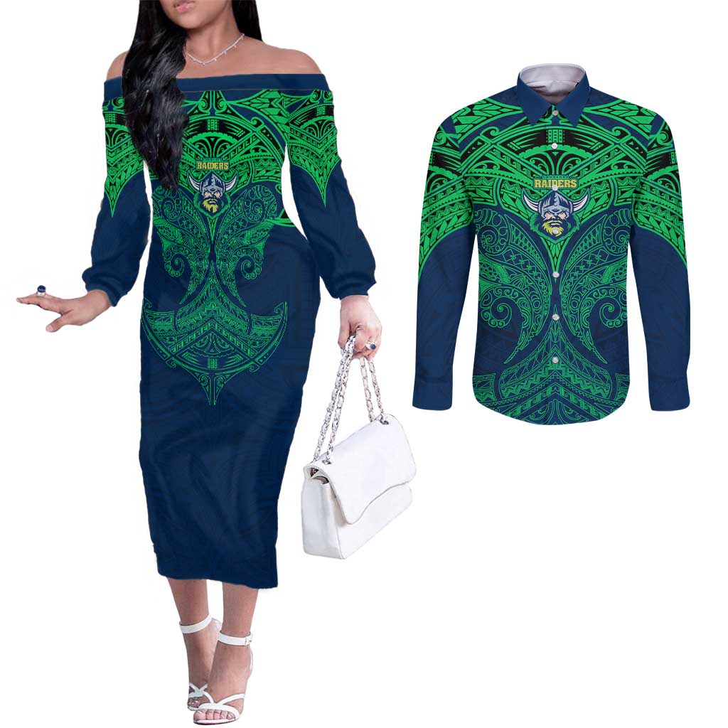 Personalized Canberra Raiders Couples Matching Off The Shoulder Long Sleeve Dress and Long Sleeve Button Shirt Polynesian Tribal Pattern Style