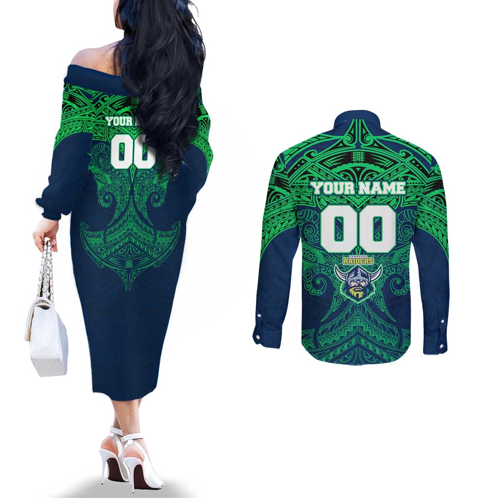 Personalized Canberra Raiders Couples Matching Off The Shoulder Long Sleeve Dress and Long Sleeve Button Shirt Polynesian Tribal Pattern Style