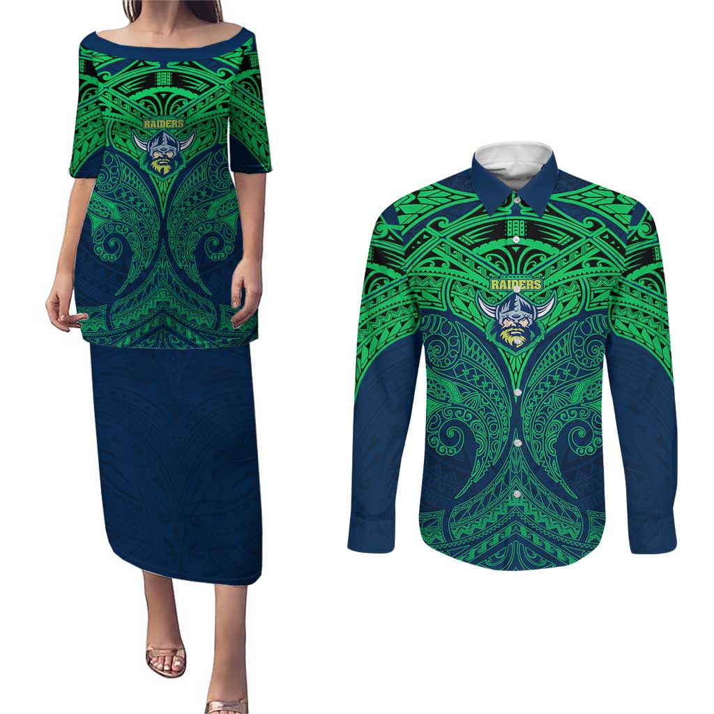 Personalized Canberra Raiders Couples Matching Puletasi and Long Sleeve Button Shirt Polynesian Tribal Pattern Style