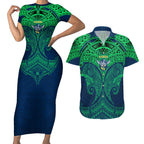 Personalized Canberra Raiders Couples Matching Short Sleeve Bodycon Dress and Hawaiian Shirt Polynesian Tribal Pattern Style