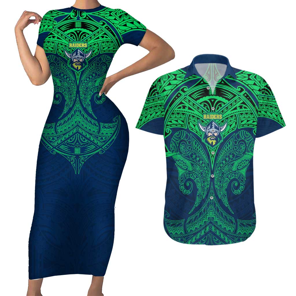 Personalized Canberra Raiders Couples Matching Short Sleeve Bodycon Dress and Hawaiian Shirt Polynesian Tribal Pattern Style