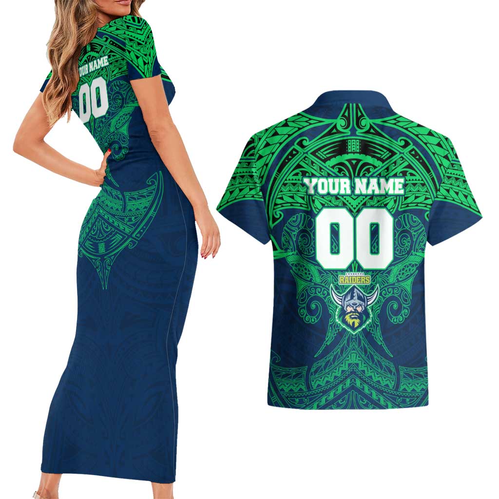 Personalized Canberra Raiders Couples Matching Short Sleeve Bodycon Dress and Hawaiian Shirt Polynesian Tribal Pattern Style