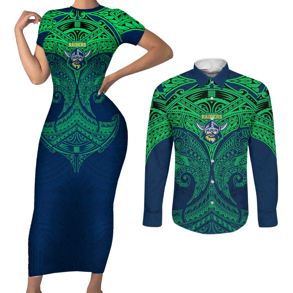 Personalized Canberra Raiders Couples Matching Short Sleeve Bodycon Dress and Long Sleeve Button Shirt Polynesian Tribal Pattern Style