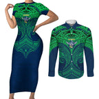 Personalized Canberra Raiders Couples Matching Short Sleeve Bodycon Dress and Long Sleeve Button Shirt Polynesian Tribal Pattern Style