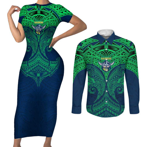 Personalized Canberra Raiders Couples Matching Short Sleeve Bodycon Dress and Long Sleeve Button Shirt Polynesian Tribal Pattern Style
