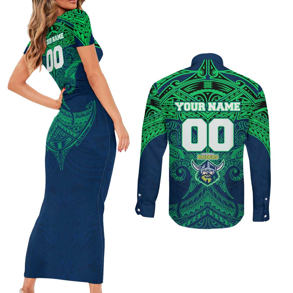 Personalized Canberra Raiders Couples Matching Short Sleeve Bodycon Dress and Long Sleeve Button Shirt Polynesian Tribal Pattern Style