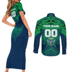 Personalized Canberra Raiders Couples Matching Short Sleeve Bodycon Dress and Long Sleeve Button Shirt Polynesian Tribal Pattern Style