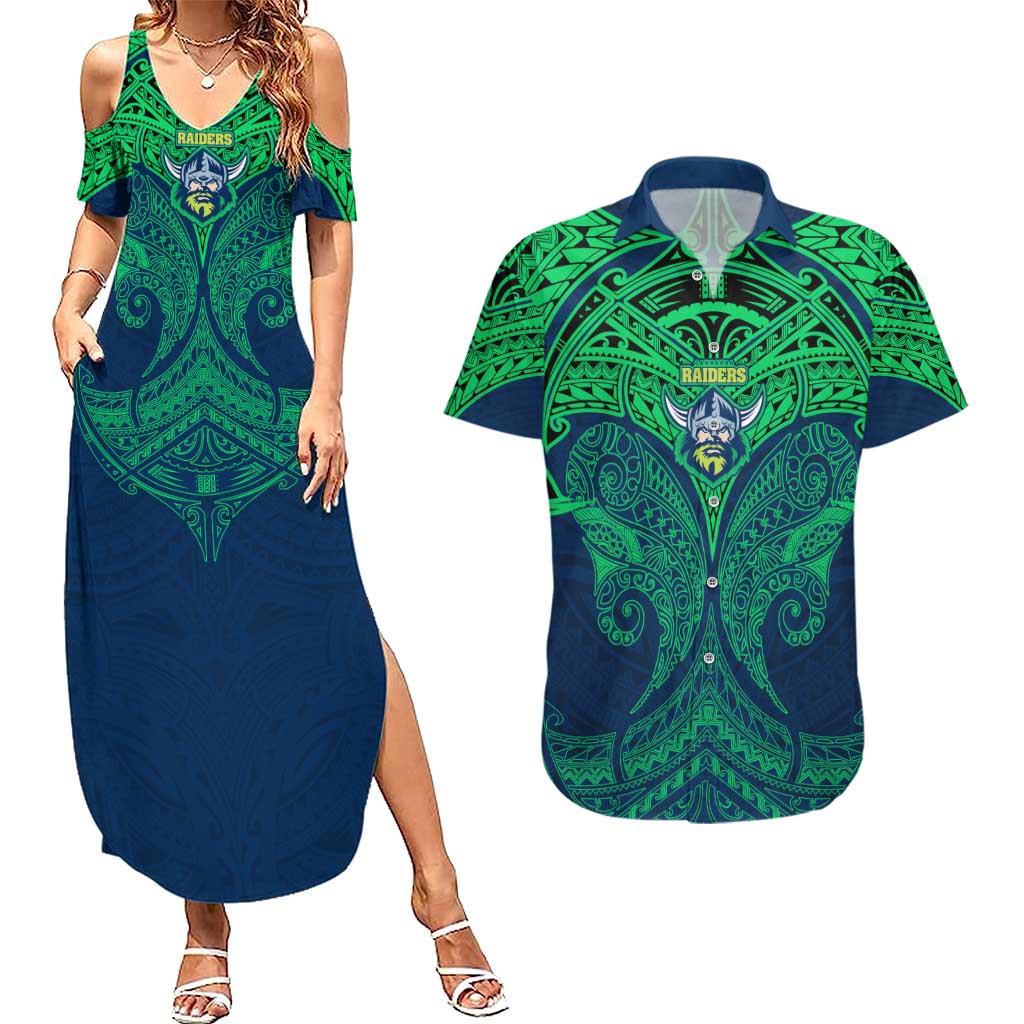 Personalized Canberra Raiders Couples Matching Summer Maxi Dress and Hawaiian Shirt Polynesian Tribal Pattern Style