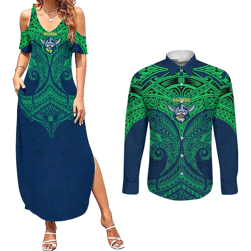 Personalized Canberra Raiders Couples Matching Summer Maxi Dress and Long Sleeve Button Shirt Polynesian Tribal Pattern Style