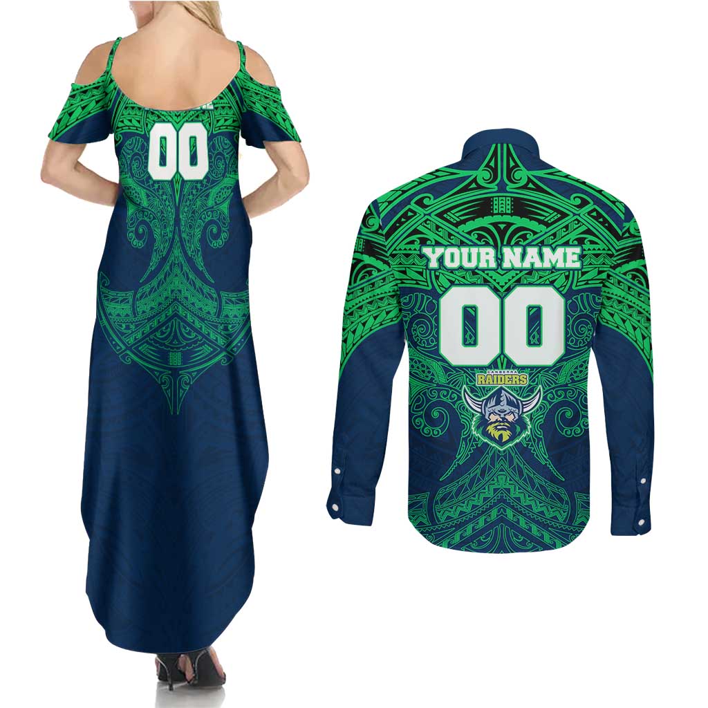 Personalized Canberra Raiders Couples Matching Summer Maxi Dress and Long Sleeve Button Shirt Polynesian Tribal Pattern Style