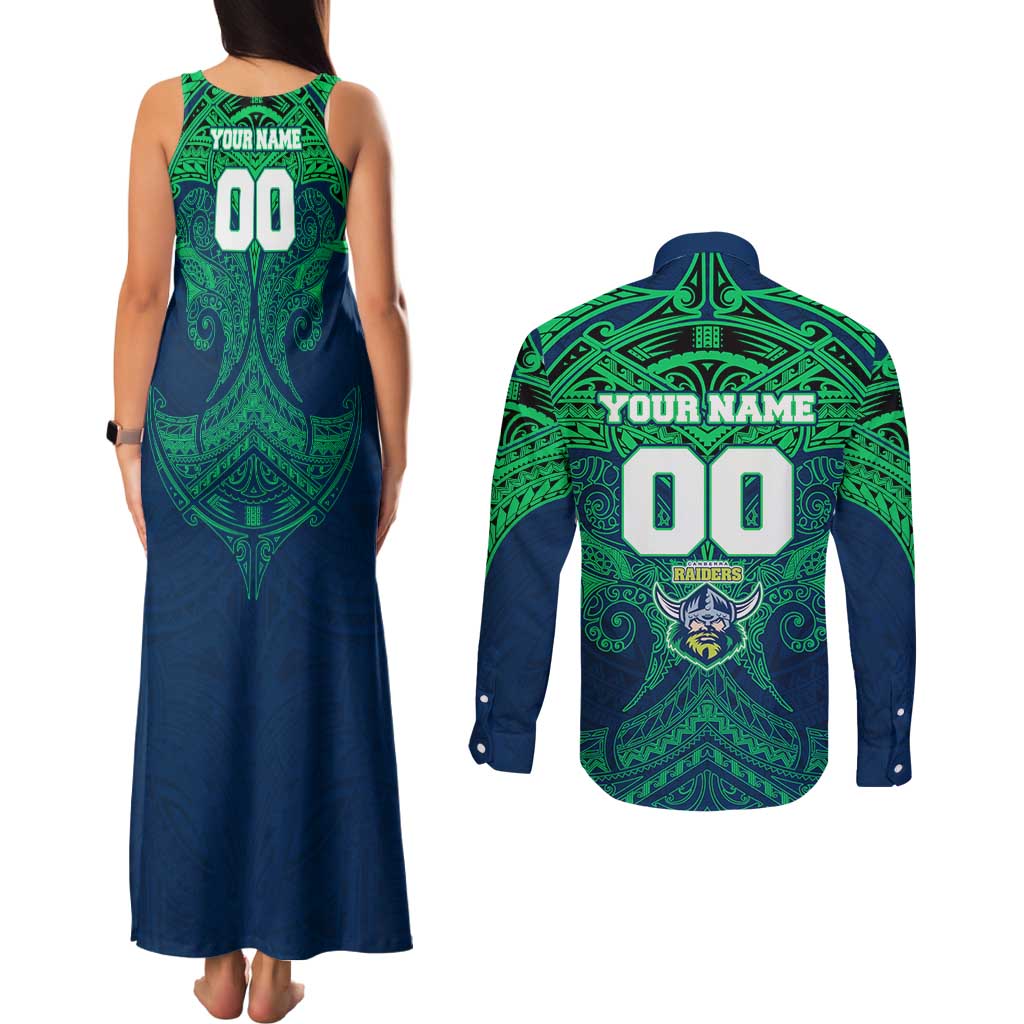 Personalized Canberra Raiders Couples Matching Tank Maxi Dress and Long Sleeve Button Shirt Polynesian Tribal Pattern Style