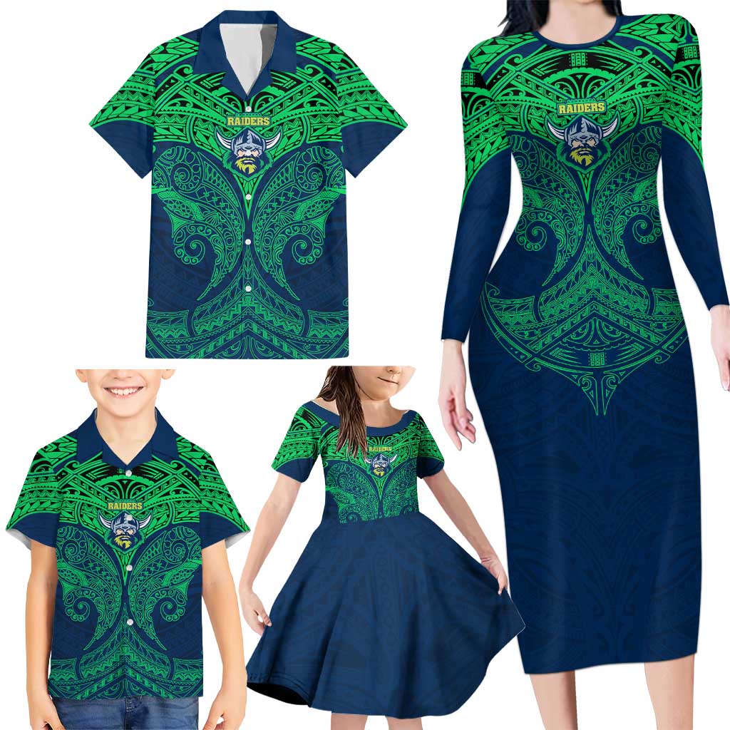Personalized Canberra Raiders Family Matching Long Sleeve Bodycon Dress and Hawaiian Shirt Polynesian Tribal Pattern Style