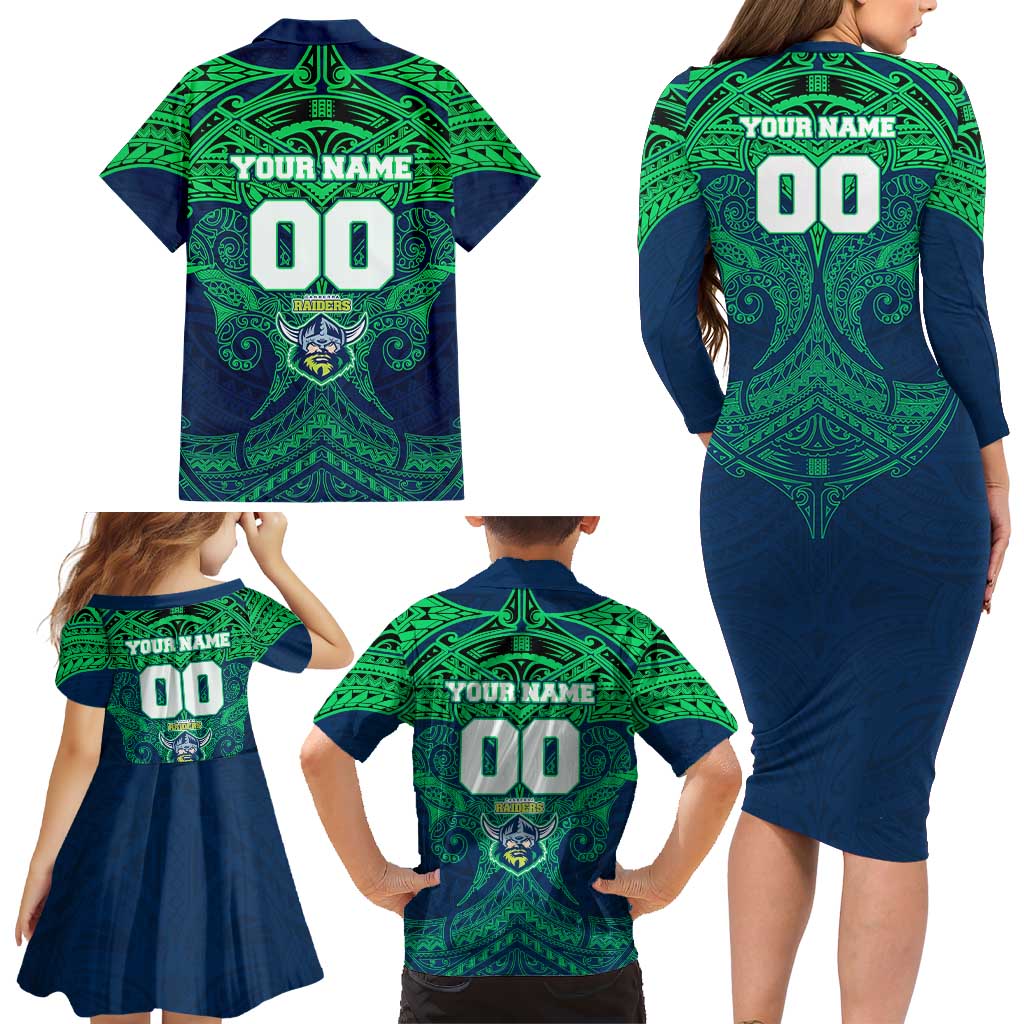 Personalized Canberra Raiders Family Matching Long Sleeve Bodycon Dress and Hawaiian Shirt Polynesian Tribal Pattern Style