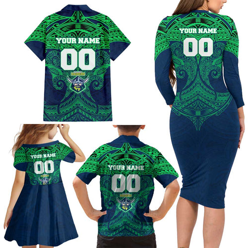 Personalized Canberra Raiders Family Matching Long Sleeve Bodycon Dress and Hawaiian Shirt Polynesian Tribal Pattern Style