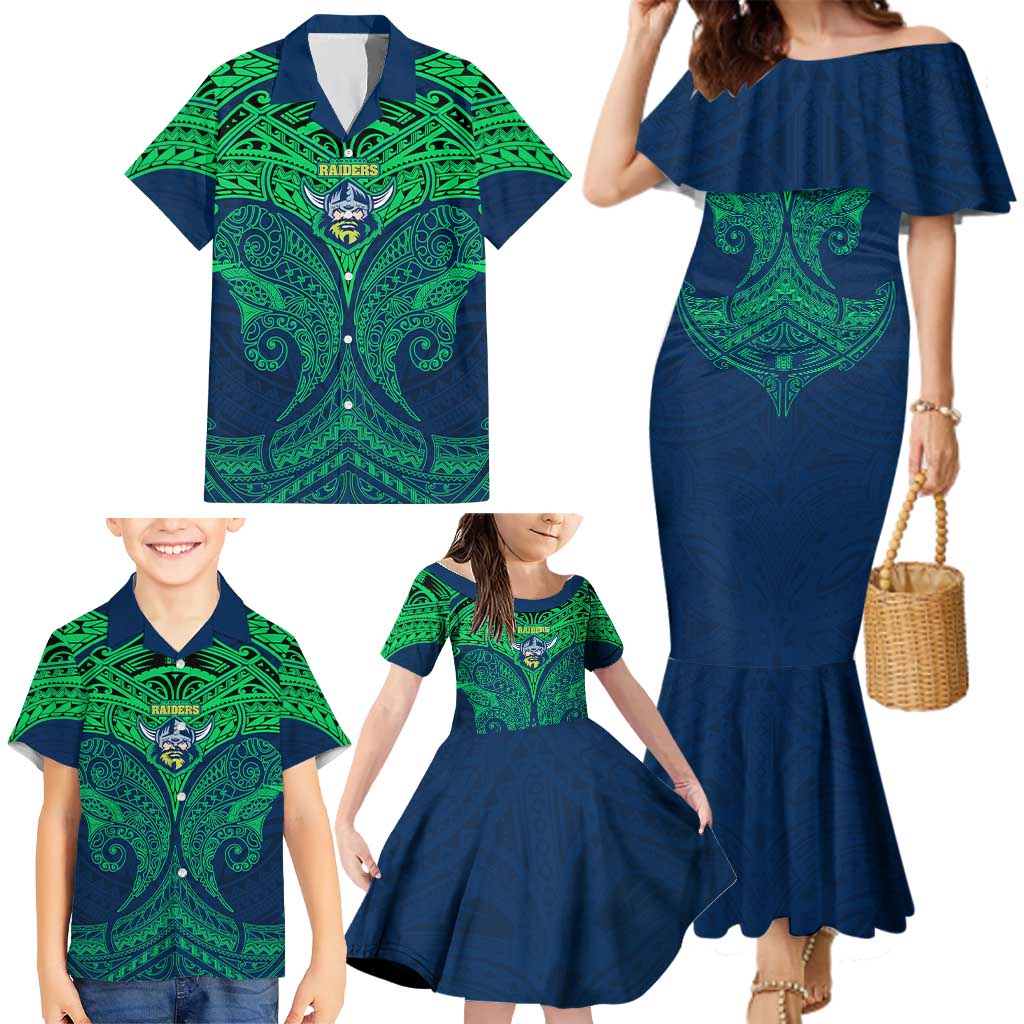 Personalized Canberra Raiders Family Matching Mermaid Dress and Hawaiian Shirt Polynesian Tribal Pattern Style