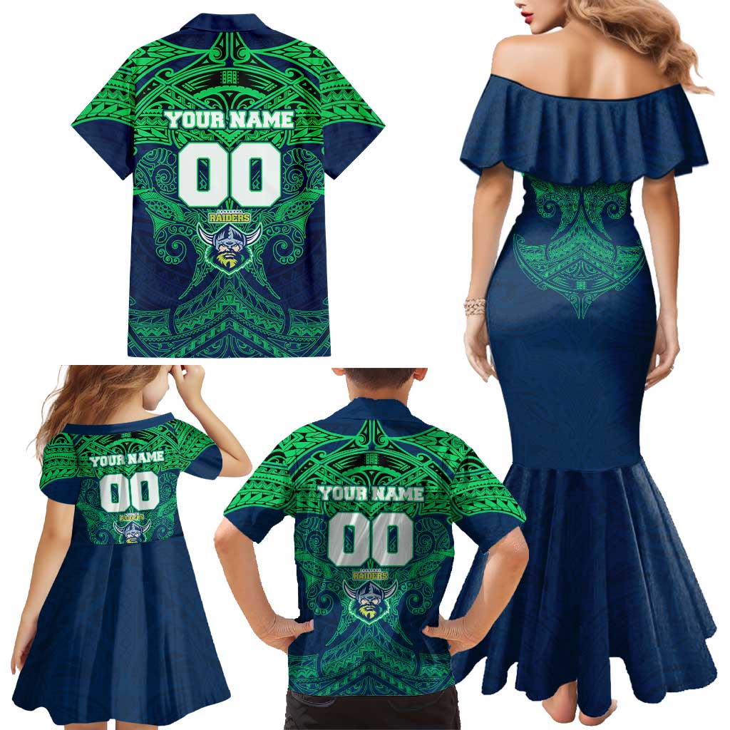 Personalized Canberra Raiders Family Matching Mermaid Dress and Hawaiian Shirt Polynesian Tribal Pattern Style